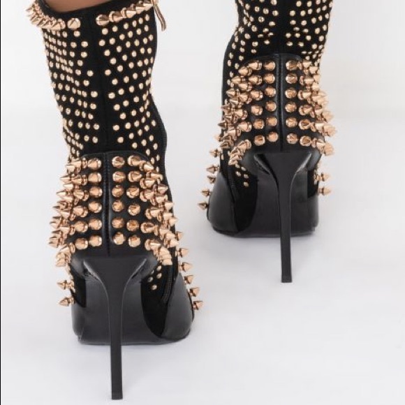 Azalea Wang Black Vegan Leather Embellished Spike Pointed Slouchy Ankle Booties - Picture 7 of 7